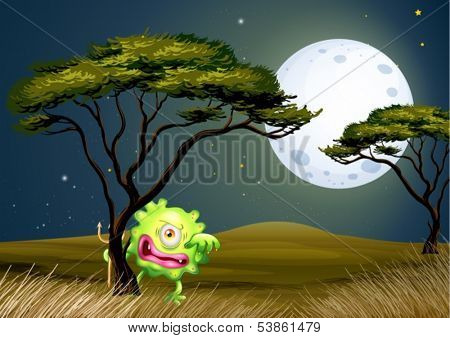 Illustration of a scared one-eyed monster under the fullmoon