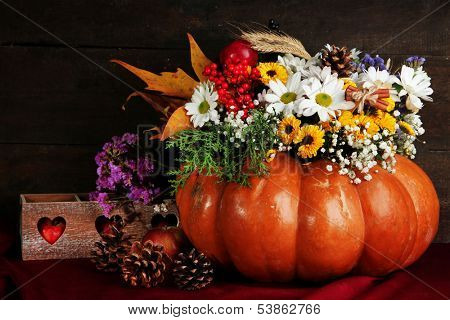 Beautiful autumn composition in pumpkin with bumps and decorative box on table on wooden background