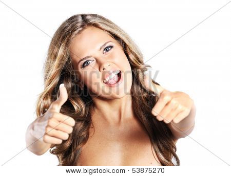 Beautiful woman porttrait showing thumbs up, isolated over a white background