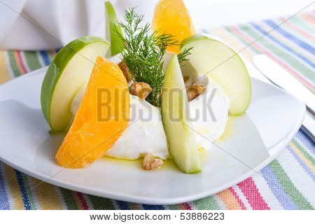 Strained Yogurt Labneh Citrus Salad Garnished With Dill And Walnuts Served With Oil