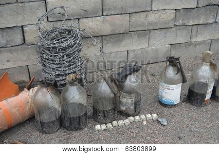 KIEV, UKRAINE - APR 19, 2014: Downtown of Kiev.Camp decoration with military items.Rioters camp.Putsch of Putsch.April 19, 2014 Kiev, Ukraine 