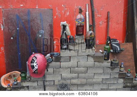 KIEV, UKRAINE - APR 19, 2014: Downtown of Kiev.Camp decoration with military items.Rioters camp.Putsch of Putsch.April 19, 2014 Kiev, Ukraine 