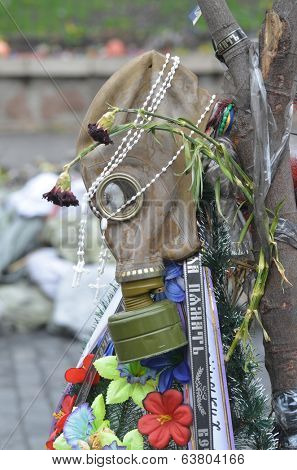 KIEV, UKRAINE - APR 19, 2014: Downtown of Kiev.Camp decoration with military items.Rioters camp.Putsch of Putsch.April 19, 2014 Kiev, Ukraine 