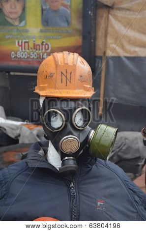 KIEV, UKRAINE - APR 19, 2014: Downtown of Kiev.Camp decoration with military items.Rioters camp.Putsch of Putsch.April 19, 2014 Kiev, Ukraine 