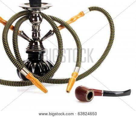 hookah and pipe on white background close-up
