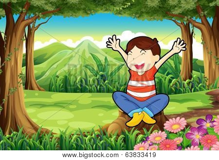 Illustration of a happy kid above the stump at the jungle