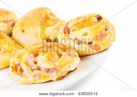 Great Breads With Cubed Bacon On White Table
