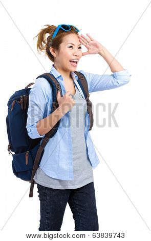 Happy travler woman looking