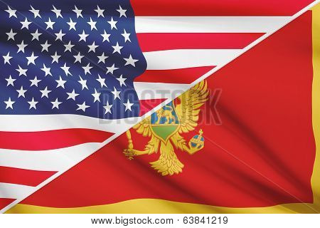 Series Of Ruffled Flags. Usa And Montenegro.