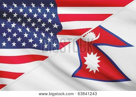 Series Of Ruffled Flags. Usa And Federal Democratic Republic Of Nepal.