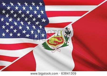 Series Of Ruffled Flags. Usa And Republic Of Peru.