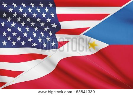 Series Of Ruffled Flags. Usa And Republic Of The Philippines.