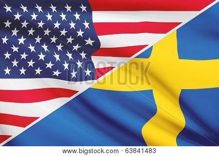 Series Of Ruffled Flags. Usa And Kingdom Of Sweden.