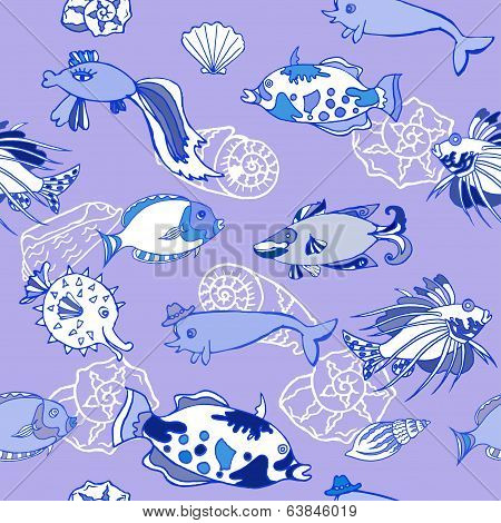 Seamless pattern  with  blue fishes