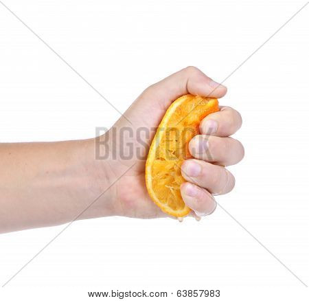 Hand squeezing an orange.