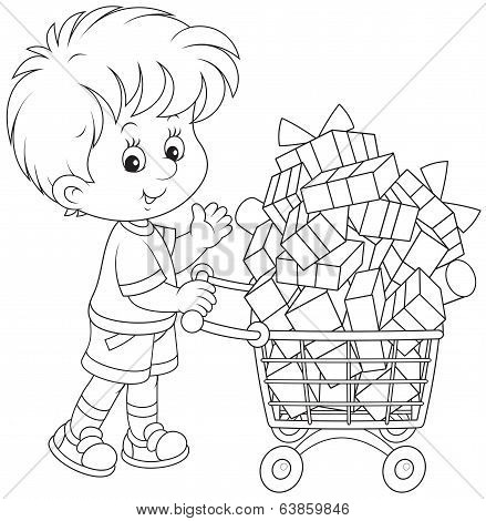 Boy with a shopping trolley of gifts