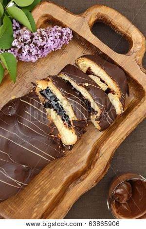 Sweet brioche bread with chocolate frosting and filling