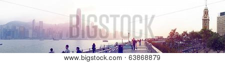 Harbour Victoria embankment at sundown in the Hong Kong