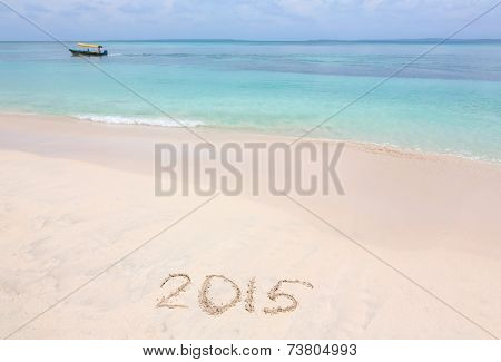 Year 2015 number written on sandy beach