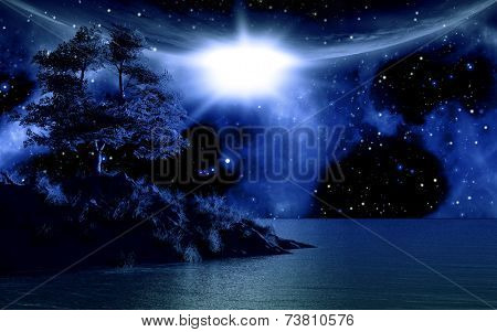 3D background with island in sea against a moonlit sky