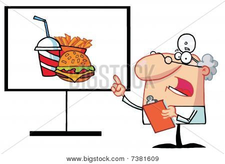 Senior Doctor Talking And Pointing To Fast Food On A Board