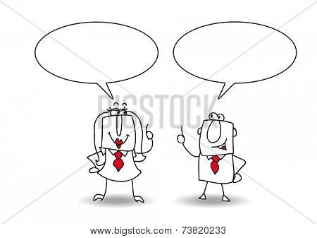 discussion. A businessman and a businesswoman are talking together. Write your message in the copy space