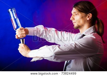 Young Man Bartender Preparing Alcohol Drink