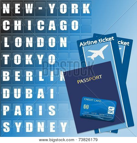 Airline ticket, credit card and passport on scoreboard background. Flight destination, information display board named world cities Illustration. 
