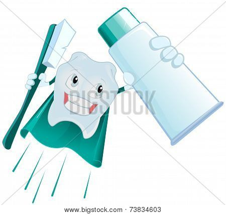 Tooth Superman holds toothpaste and toothbrush
