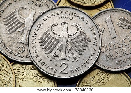 Coins of Germany. German eagle depicted in old Deutsche Mark coins. 