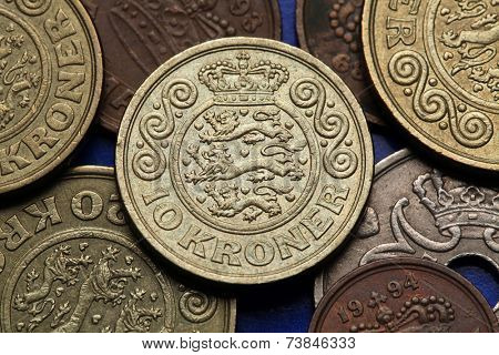 Coins of Denmark. Danish national coat of arms depicted in Danish krone coins.