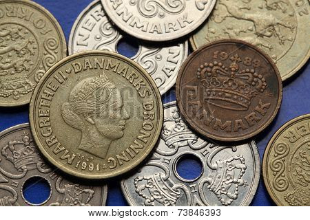 Coins of Denmark. Queen Margrethe II of Denmark depicted in Danish krone coins.