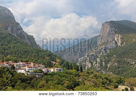 Mount In Greece. On The Foreground - Small Town Of Litohoro