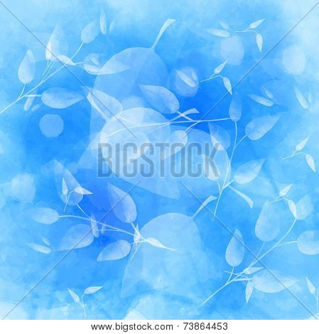 Blue background with different leaves pattern. Watercolor artistic texture.