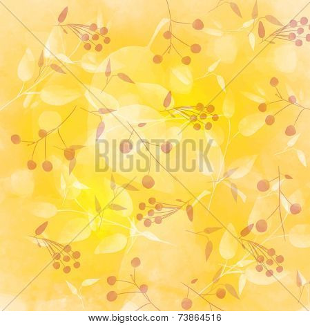 Green background background with leaves and berries pattern. Watercolor artistic texture.