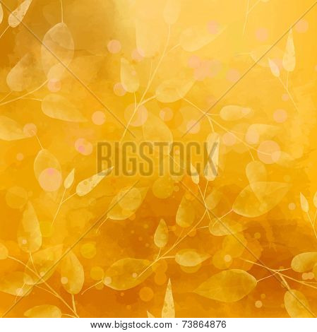Orange vector autumn background with leaves pattern. Watercolor artistic texture.