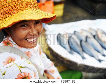 Indigenous Cambodian woman selling fish in a market. 