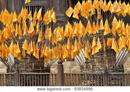 Flag Of Dharmacakra, Symbol Of Buddhism In Thai Temple, Thailand