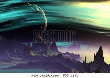 3D Rendered Fantasy Alien Planet. Rocks And  Moon