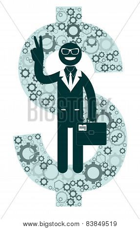 Successful businessman in suit showing victory sign on a background of dollar signs.
