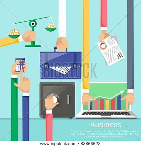 Hands with various business elements