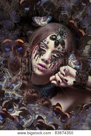 Inspiration. Woman With Fantastic Teardrops And Butterflies