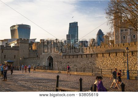 LONDON, UK - APRIL15, 2015: Tower of London at sunset lights