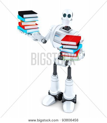 Robot with books. Isolated over white. 3D illustration. Isolated. Contains clipping path