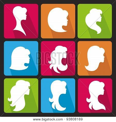 Girl face silhouette.Profiles Hair style.Icons set