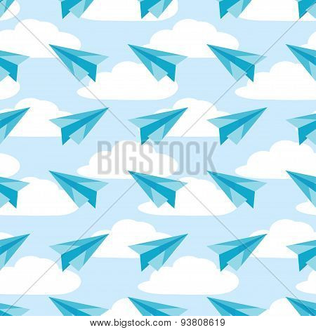 Paper planes on the sky with clouds seamless pattern. Airplanes texture vector