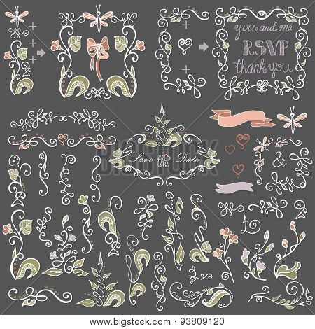 Colored Doodles floral decor set.Borders,elements,Frame