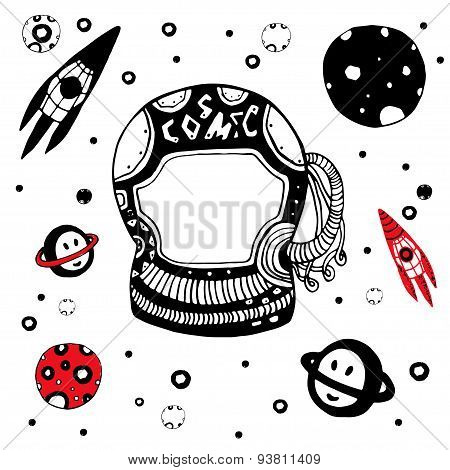 Doodle astronomical objects set. Hand drawn cosmic vector illustration.