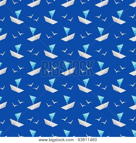 Vector seamless pattern sea and ship Vector flat.