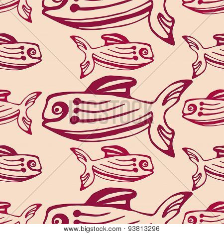 Seamless pattern with red fishes. Vector background